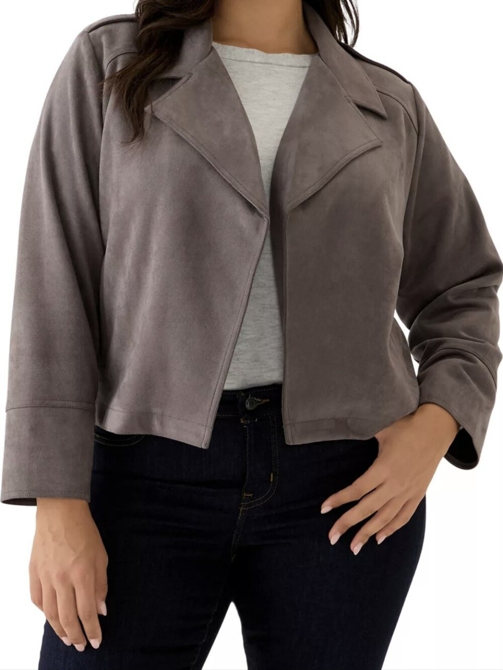 Women's Suede-Look Faux Leather Cropped Jacket, Gray Open Blazer, 1X, Philosophy
